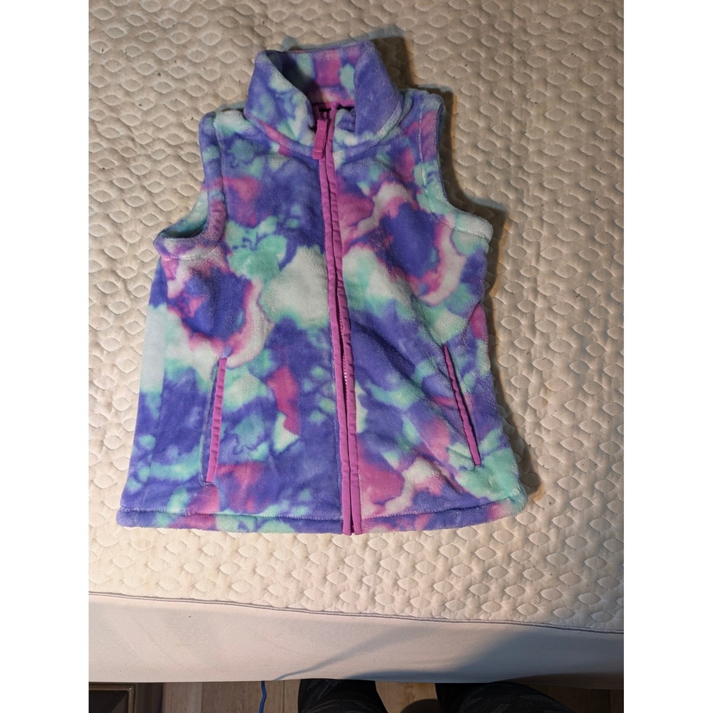 Lands End Kids Tie Dye Fleece Vest Purple Teal Pink Full Zip Size L 6X-7 510630